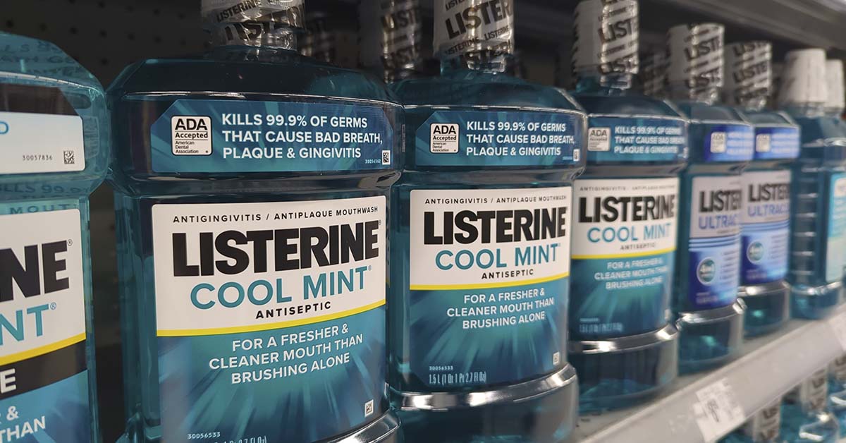 Bottles of blue Listerine on store shelf