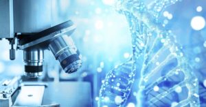 Microscope with 3D rendering close up of DNA double helix. Science and research concept