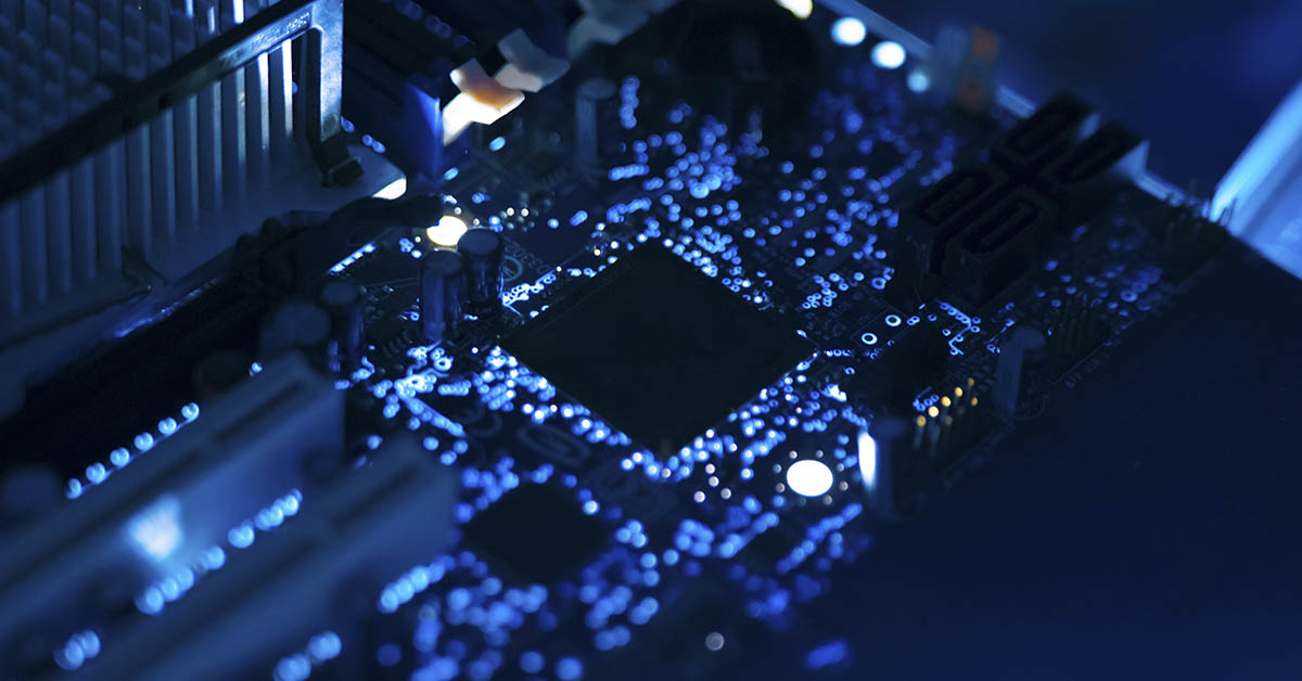 3D rendering, close up of microchip in computer. AI Concept