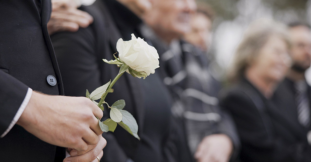 person holding a white rose at a funeral