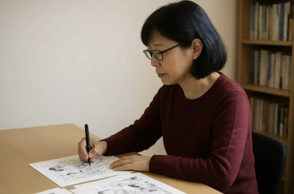 Ryo Tatsuki, a 70-year-old former Japanese manga artist, sits at a wooden desk drawing comic panels with focused concentration. Wearing glasses and a burgundy sweater, she works with a black pen on her manga artwork, surrounded by bookshelves that reflect her decades-long career creating the prophetic stories that would later make her famous as Japan's answer to Baba Vanga.