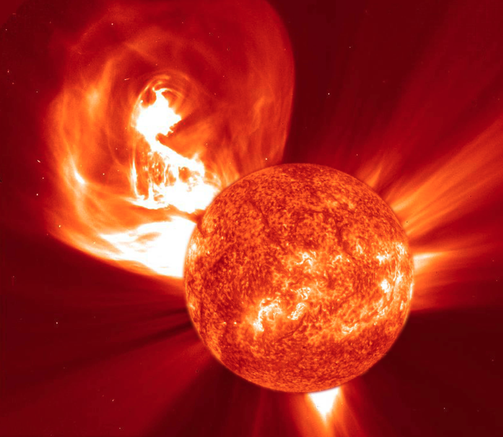 Solar storm eruption showing coronal mass ejection and solar flare activity from the sun's surface.