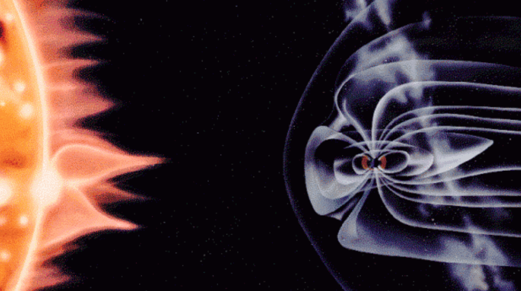 Earth's magnetosphere deflecting charged particles from space weather and protecting our planet's atmosphere.