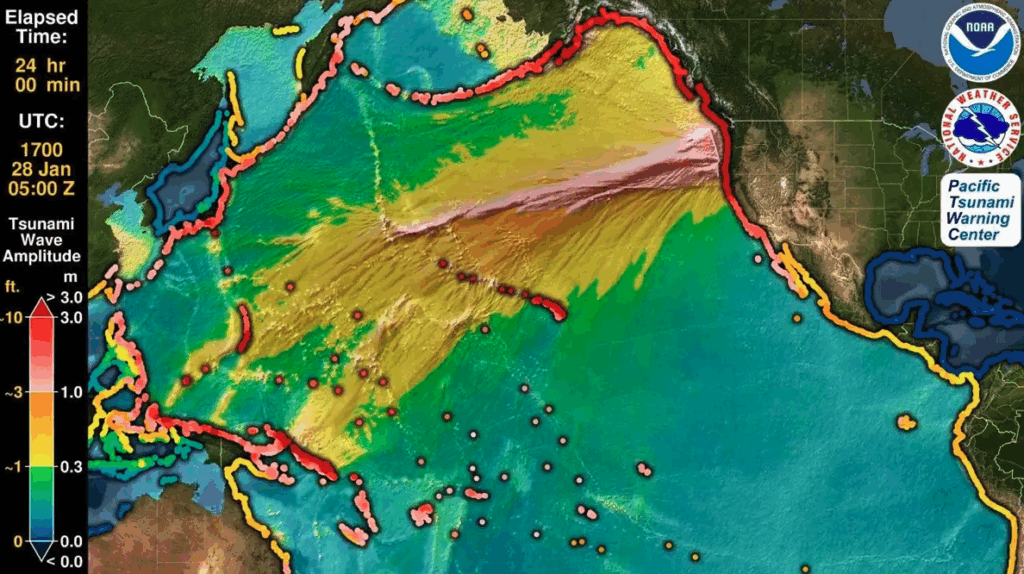 NOAA wave tracking map showing the 1700 tsunami that hit Japan after crossing the entire Pacific Ocean while Native American stories tell of giant waves that swallowed entire villages every 300 to 600 years.