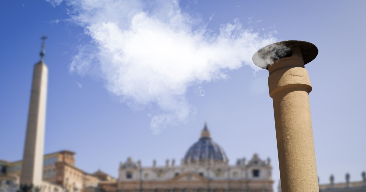 Vatican City - 04-25-2025: White smoke from the chimney on top of the Sistine Chapel. It indicates that the Pope has been elected.