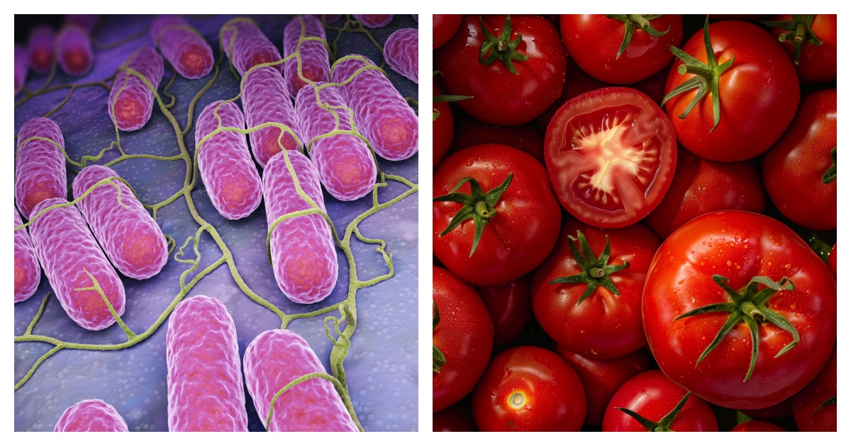 3D rendering of cultured salmonella bacteria (left) and tomatoes (right)