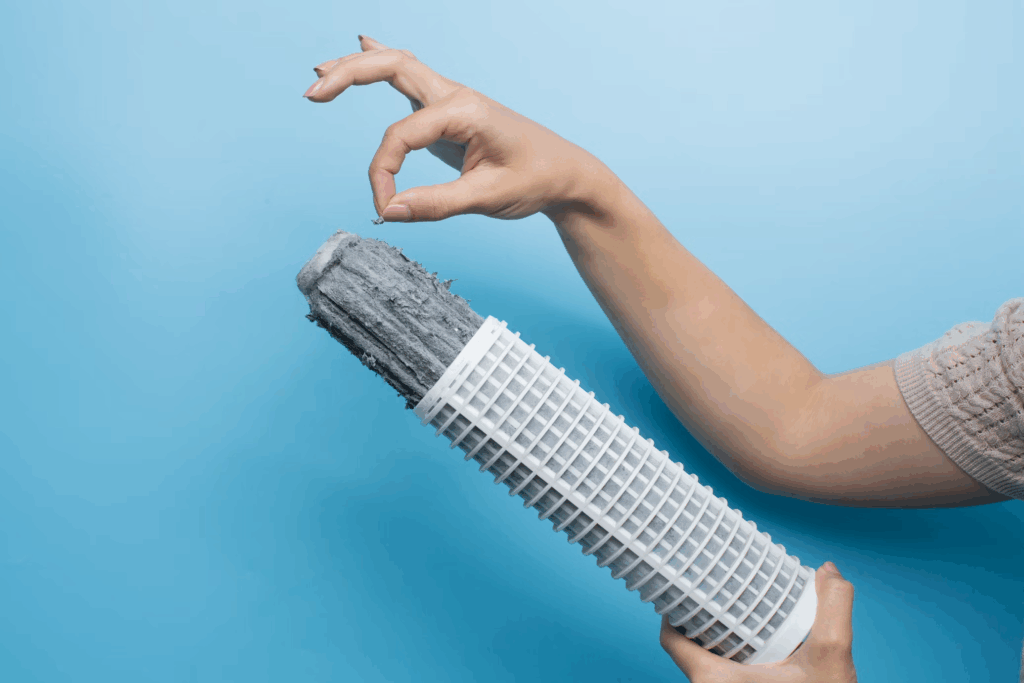 A water filtration system designed to reduce microplastic exposure by removing harmful particles from drinking water, shown against a blue background with a hand demonstrating proper handling.