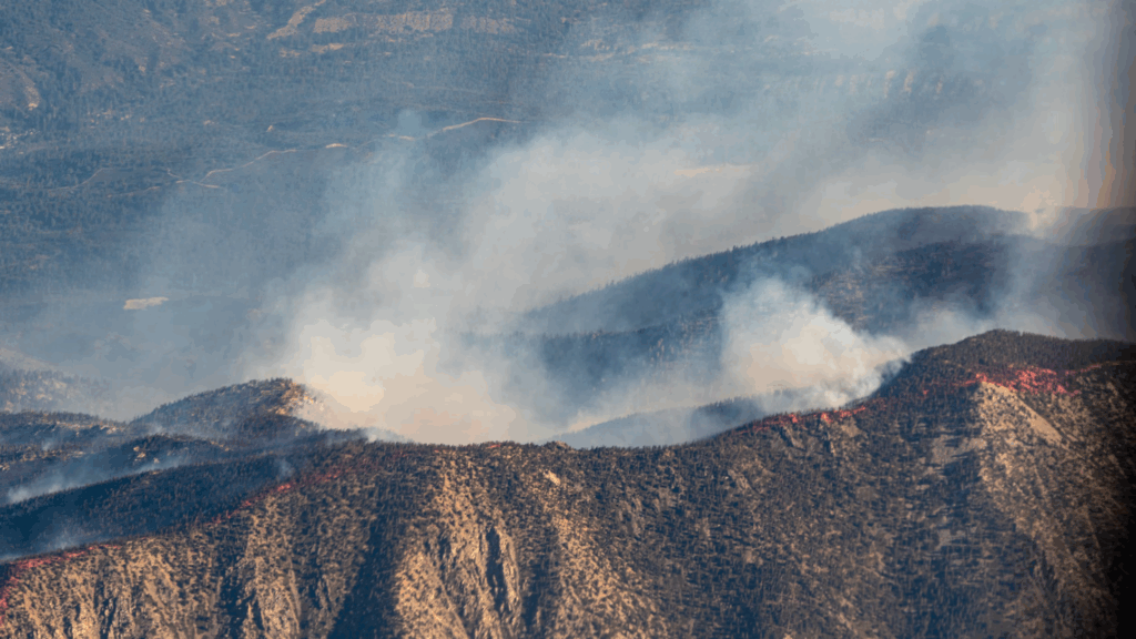 Aerial photograph showing active wildfires burning in mountainous terrain between Joshua Tree and Los Angeles, California. Smoke plumes rise from multiple ridge lines as flames spread across drought-stricken wilderness areas. This image illustrates the intensity of the 2025 wildfire season that's already impacting Southern California's vulnerable landscapes.