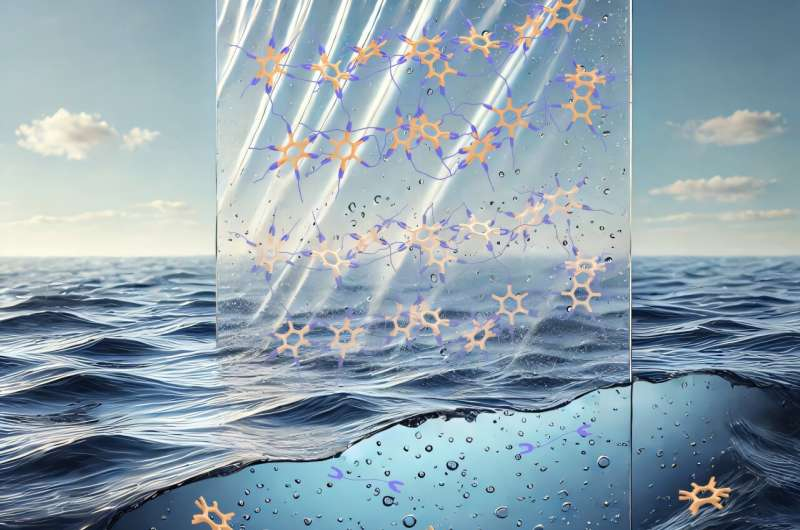 A drawing of the new type of plastic. The plastic has special salt links that hold it together and make it strong when it's not in seawater. But in seawater (and in soil, though not shown), the salt links break apart. This stops tiny plastic pieces from forming and helps the plastic break down naturallyImage