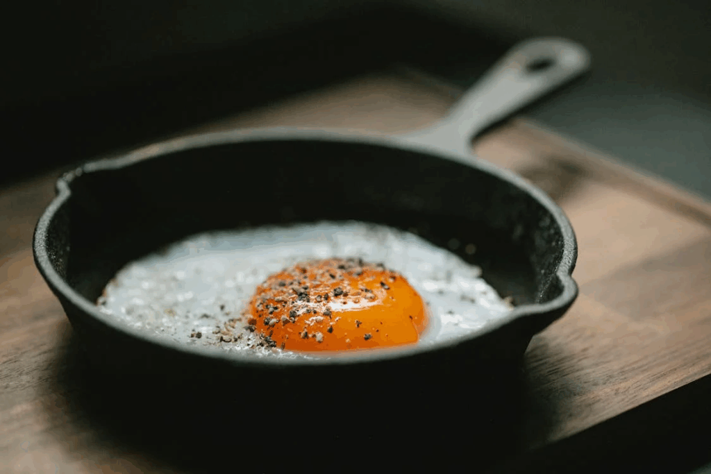 Close-up of a sunny-side-up egg with vibrant orange yolk cooking in a traditional cast iron skillet, demonstrating how choosing non-plastic cookware helps reduce microplastic exposure during food preparation.