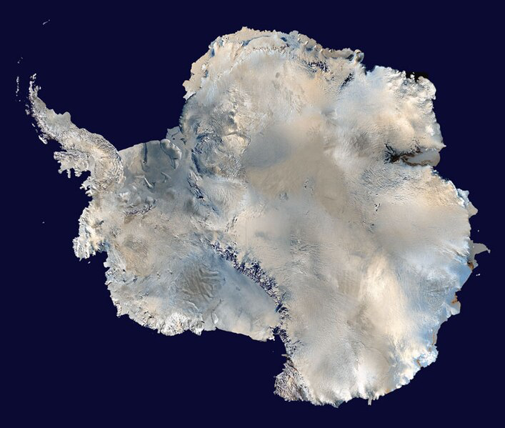 A satellite image of Antarctica showcasing its sprawling ice sheets and coastal glaciers, providing critical data for understanding long-term climate patterns and environmental shifts in polar regions.
