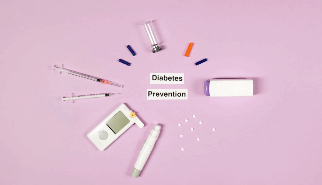 Diabetes Prevention Text On Pink Background With Medical Supplies