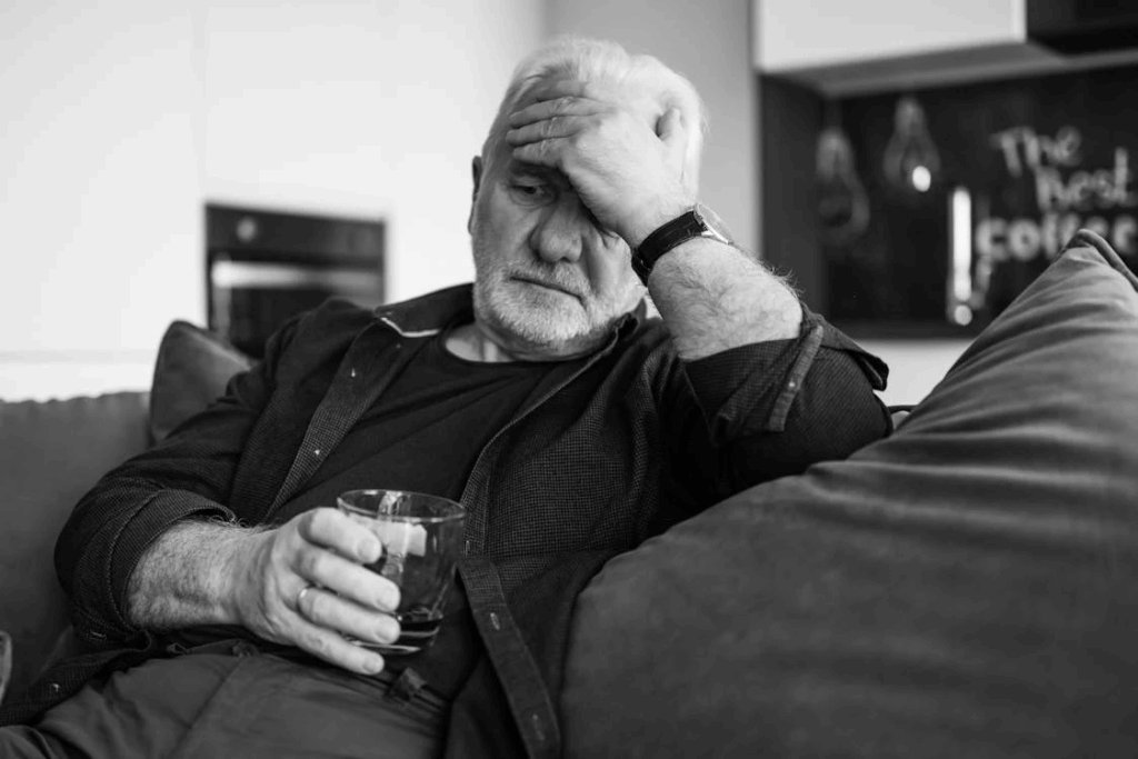An older man with white hair and beard sits on a couch looking distressed with his hand on his forehead, holding a glass while experiencing the emotional challenges of retirement and identity loss.