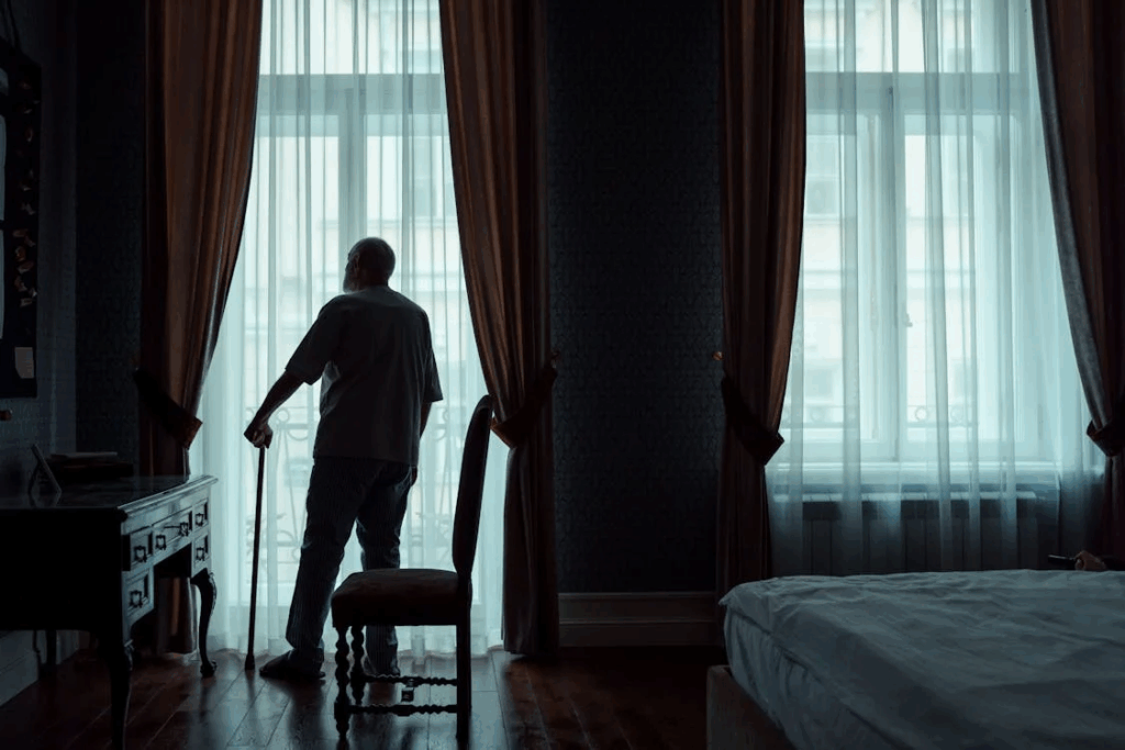 Silhouette of an elderly person using a walking cane standing by large windows in a dimly lit room, demonstrating how health limitations during retirement can constrain mobility and increase isolation.