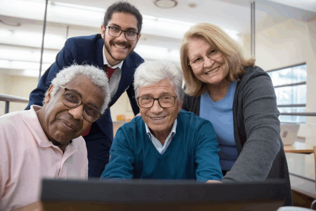 Four diverse seniors gather around a computer screen, smiling and learning together, demonstrating how educational activities create natural social connections in older age.