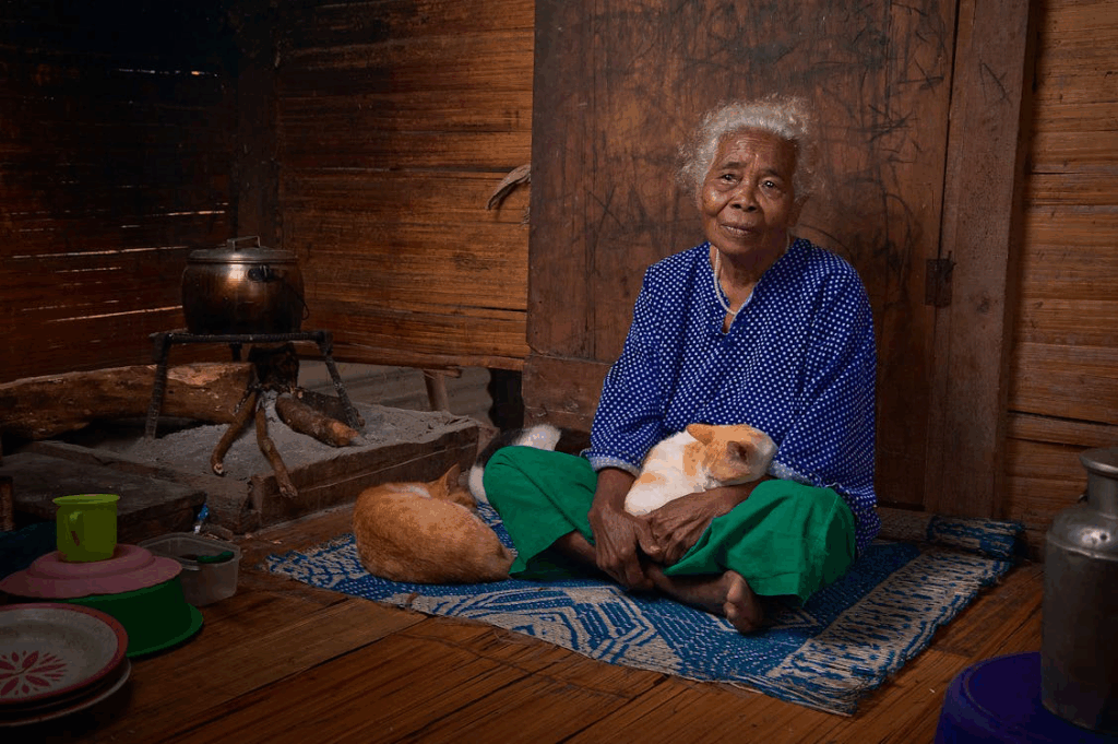 An elderly woman in a blue patterned dress sits on a floor mat with two cats, showing how pet companionship can reduce feelings of loneliness after retirement.