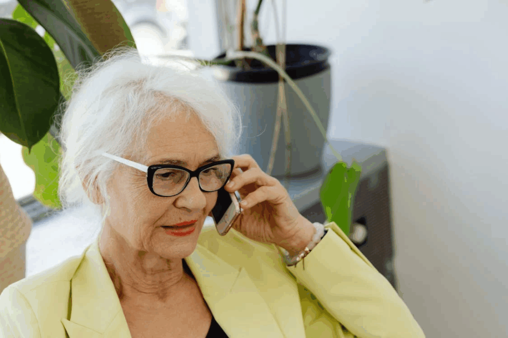An elegant older woman with white hair and glasses speaks on a mobile phone, illustrating how technology helps seniors maintain connections with friends and family.