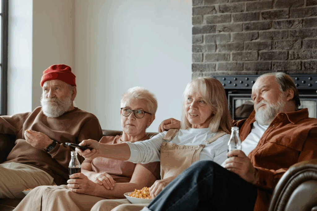 A group of four seniors relaxing together on a couch, enjoying drinks and snacks while watching TV, demonstrating successful social connection and friendship in retirement years.