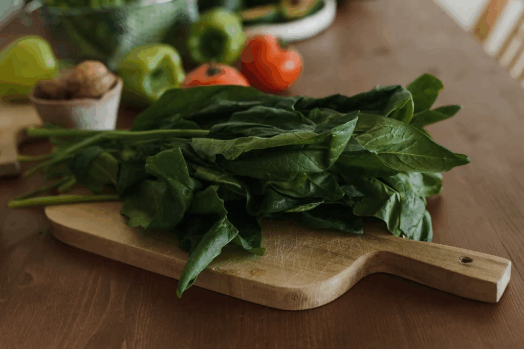Fresh spinach leaves on wooden cutting board with vegetables in background, rich in folate that helps create chemicals for clear thinking and good mood.