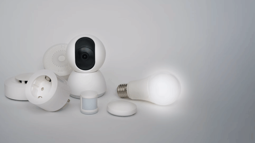 Home security devices including a smart camera, motion sensor, smoke detector, and smart bulb arranged on a white surface, illustrating preventative measures homeowners can install to protect vacant properties from squatters.
