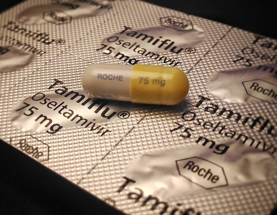 Close-up photograph of a Tamiflu (oseltamivir) capsule, showing its yellow and white coloring with "ROCHE 75 mg" printed on it. The capsule rests on its blister packaging which is labeled with "Tamiflu", "oseltamivir", "75 mg" and the Roche logo. This medication is mentioned as an effective treatment for bird flu symptoms when administered early.