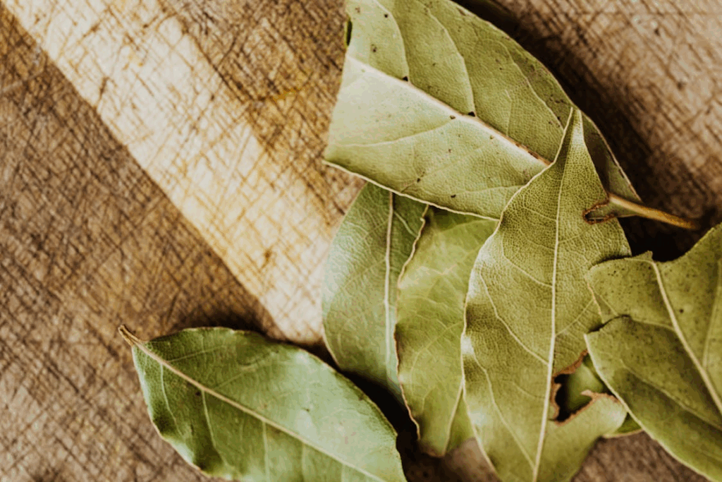 Close-up of Dried Bay Leaves on Cutting Board