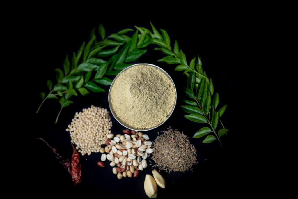 Traditional Indian Spice Arrangement with Curry Leaves