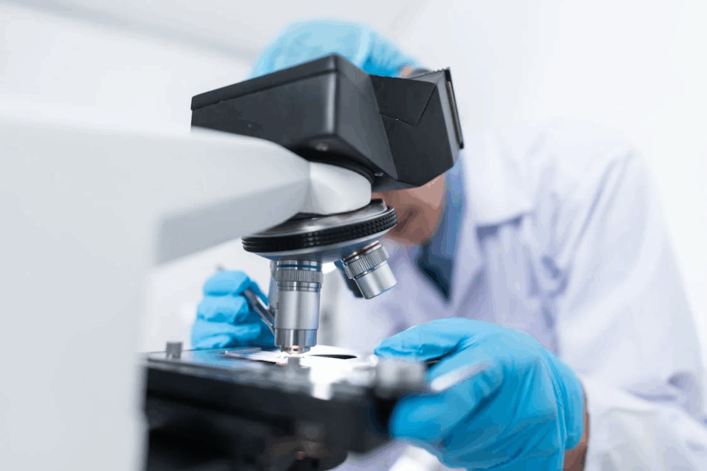 Doctor using a microscope to check a skin sample for the parasite.