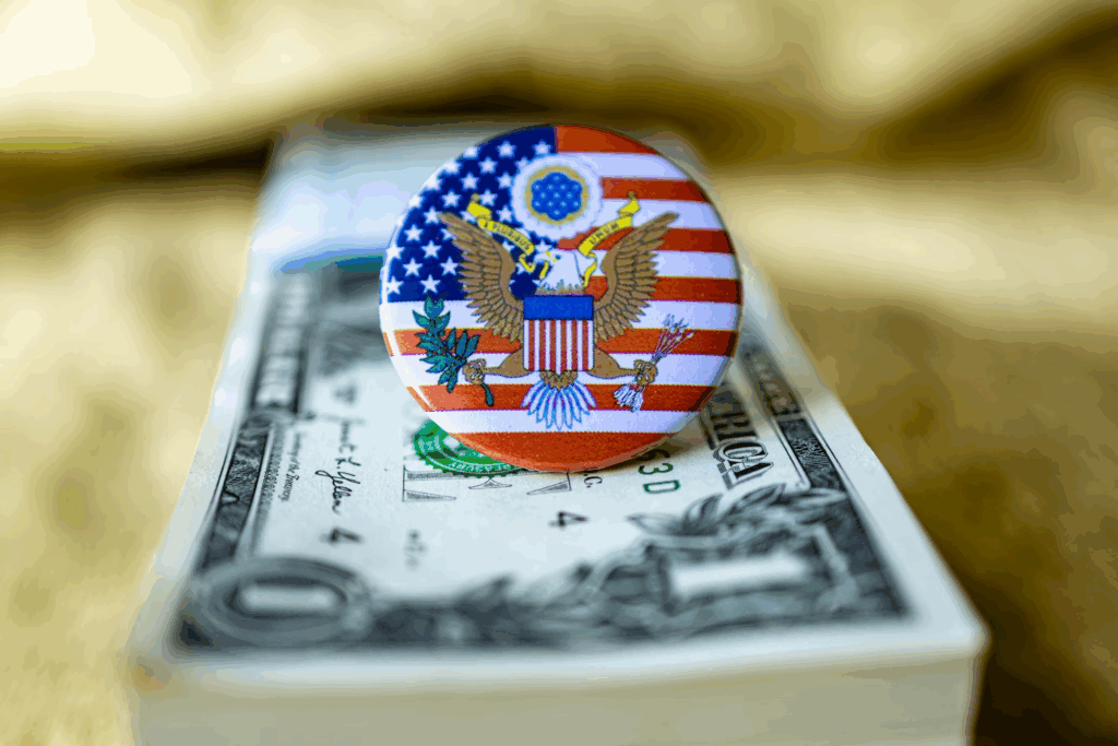 US government seal pin sitting on stack of dollar bills, showing the intersection of federal policy and healthcare economics in America's insurance crisis.