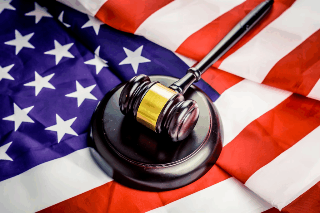 Judge's gavel resting on American flag, symbolizing the legal battles and potential regulatory reforms facing the healthcare insurance industry following recent events.