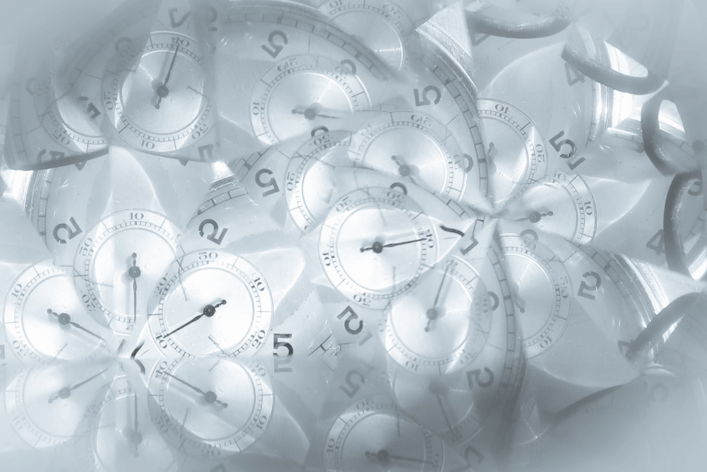 Multiple clock faces overlapping, showing how time felt different during her near-death experience.