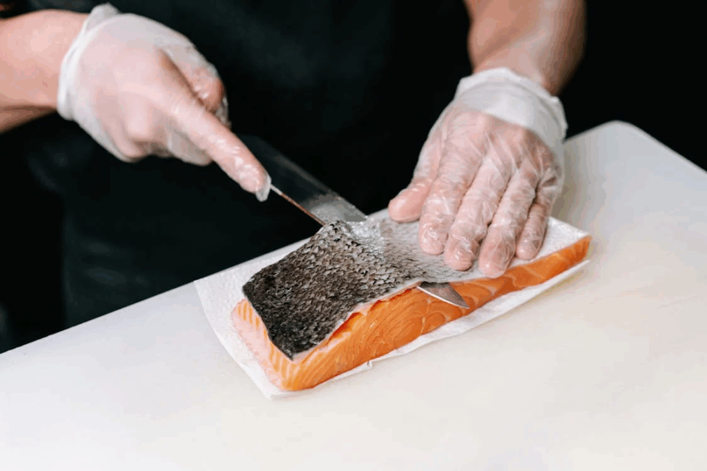 A Person Skinning a Salmon