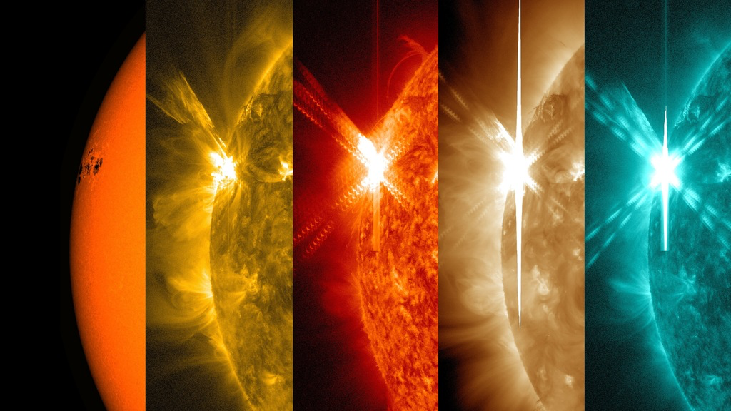 Multi-wavelength solar observations displaying different classes of solar flares from weak to X-class intensity.