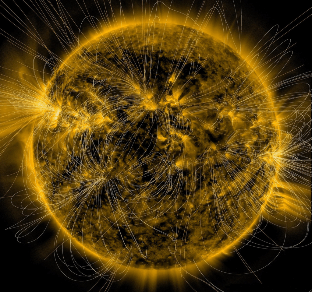 Complex magnetic field lines and plasma loops surrounding the sun during periods of high solar activity.