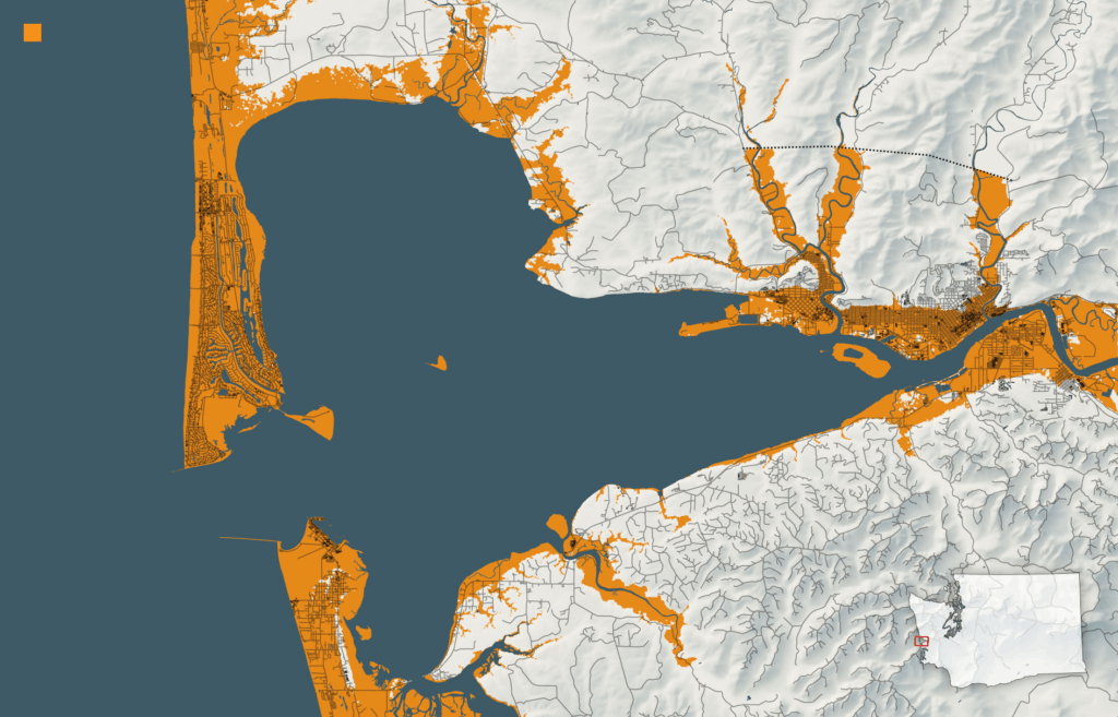Flood risk map from above showing orange areas where tsunami waves could destroy coastal communities and kill thousands of people.