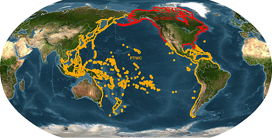 Global map showing Pacific Warning Center coverage areas protecting coastlines where tsunami risk threatens USA communities especially the Pacific Northwest sitting above the 700 mile Cascadia fault.