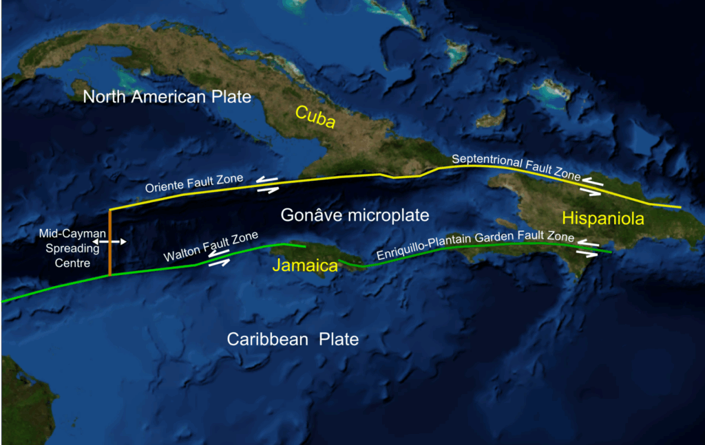 nderwater map of Caribbean fault system running 2000 miles with tectonic plates that create tsunami risk for USA coastal communities from deadly earthquakes.