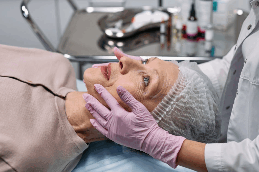 Medical professional examining patient's facial area for cosmetic treatment in clinical setting.