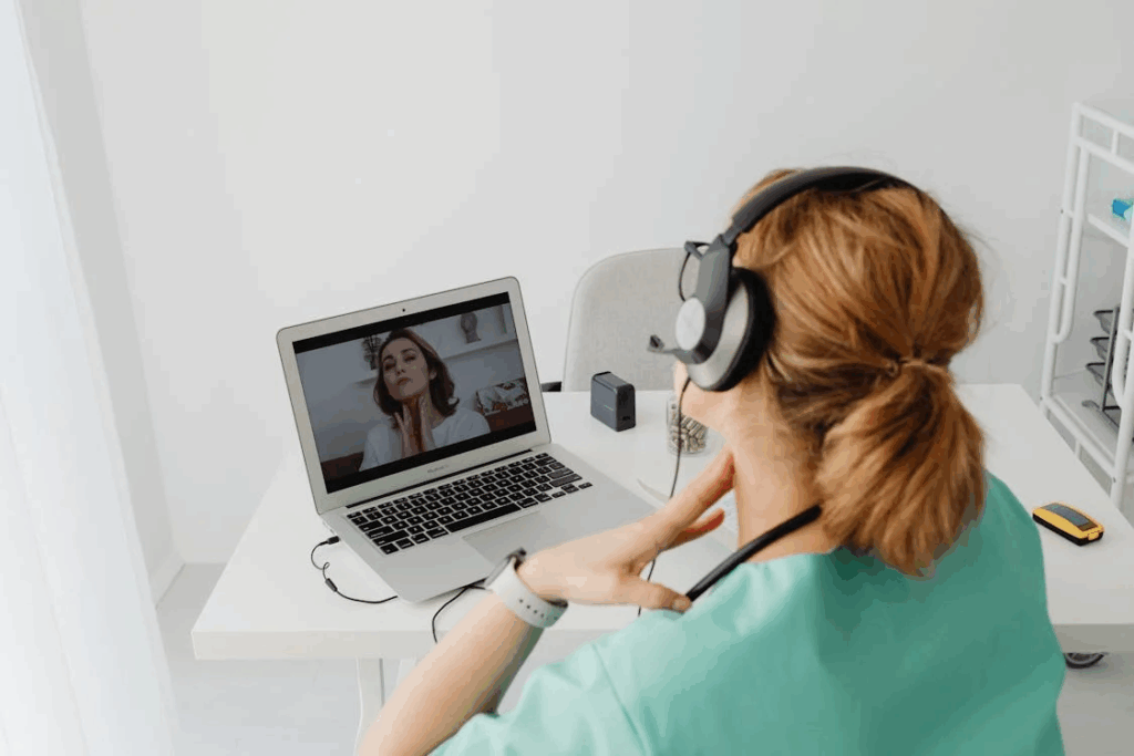 Patient consulting with dermatologist via telemedicine about Ozempic mouth prevention strategies.