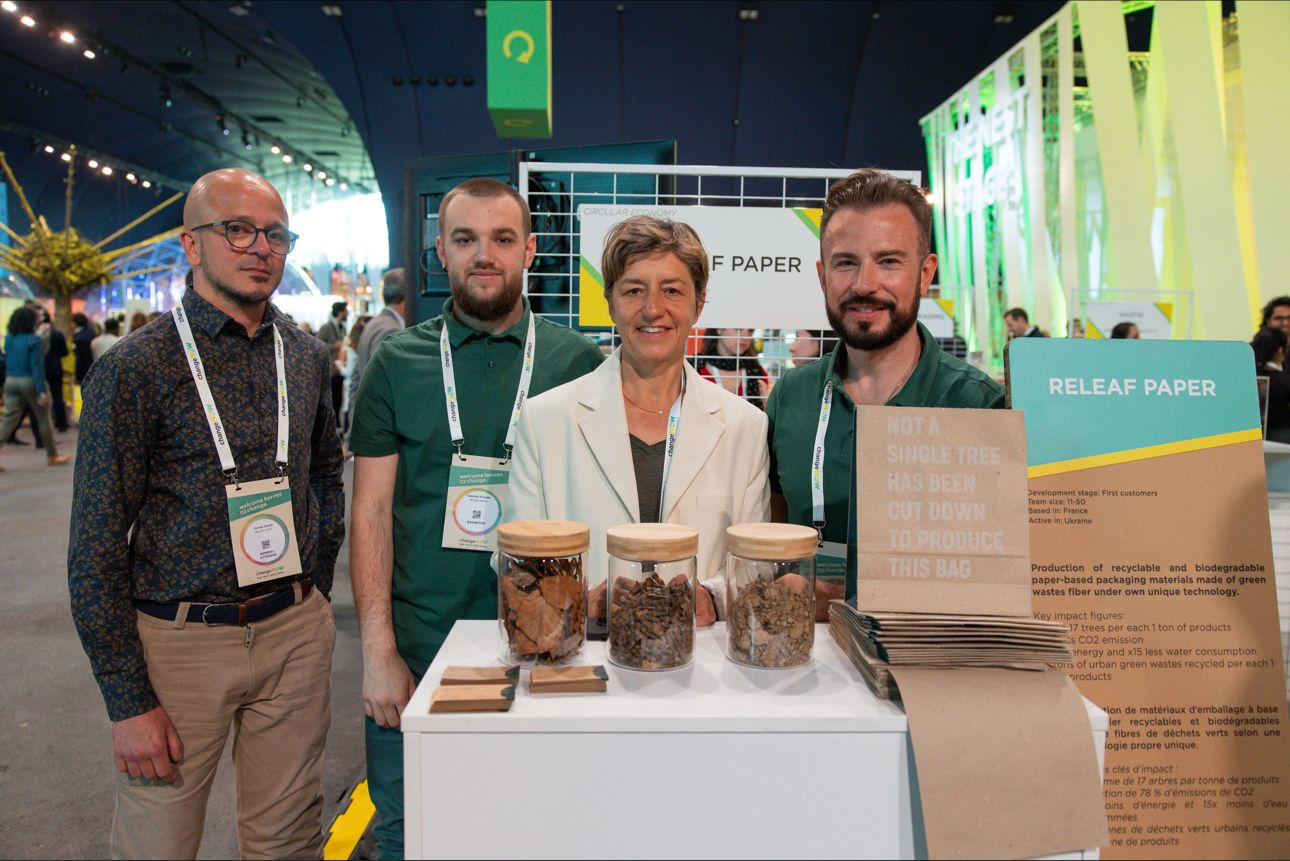 Valentyn Frechka and Releaf team in France showing people how they are turning leaves into paper.