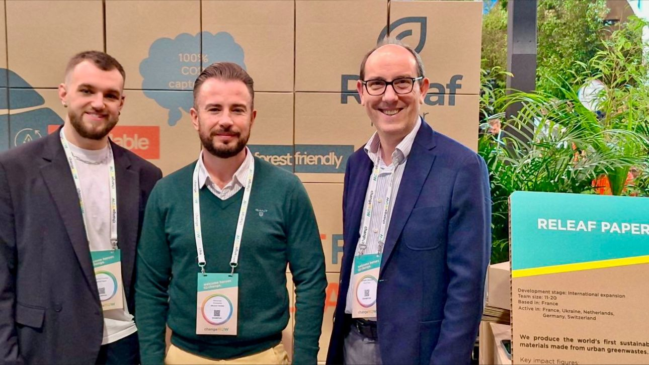 Valentyn Frechka and associates of Releaf Paper at trade show in Paris