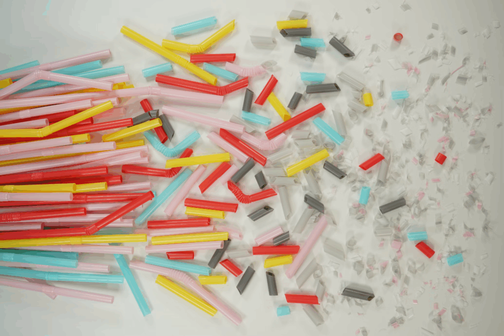 Vibrant assortment of microplastic particles in red, yellow, blue, and pink against a white background, illustrating the tiny plastic fragments that contaminate our environment.