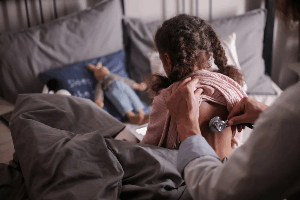 Doctor examines child lying in bed with stuffed animals in background while parent sits nearby during home visit for respiratory illness.