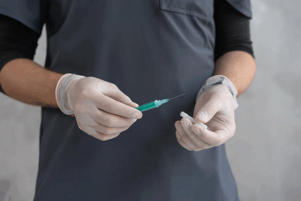 Gloved hands holding syringe with green needle cap, preparing vaccine injection.