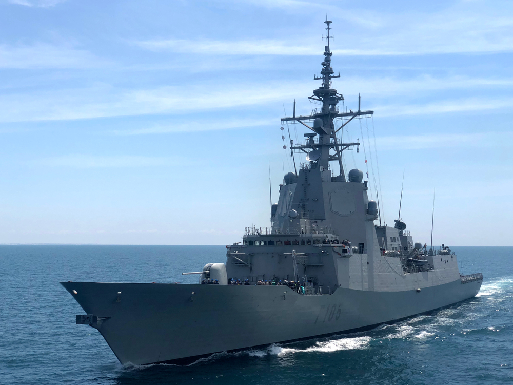 US navy NATO ship sailing at sea during nato war exercises