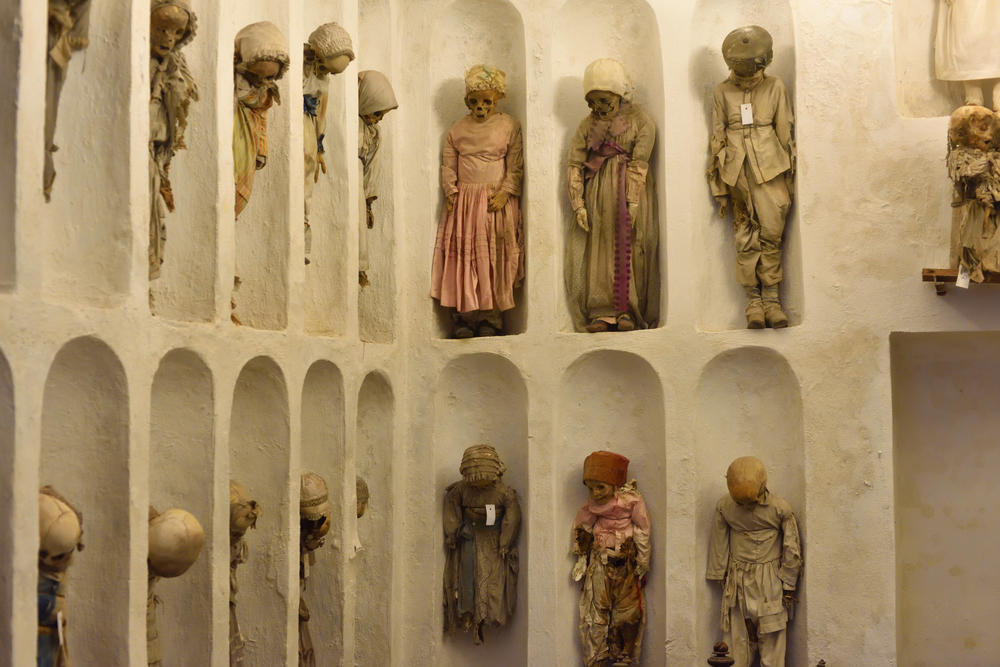 Mummified remains of children in the catacombs of the Capuchin monastery in Palermo, Sicily.