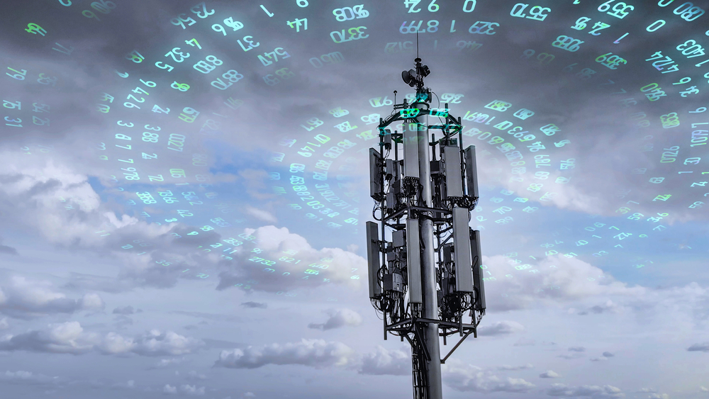 telecommunication tower transmitting digits signals of cellular mobile 5g 4g 3g. Simulated radio waves