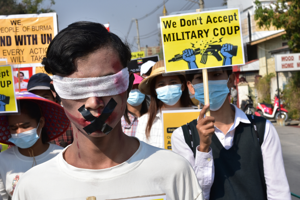 Nyaunghswe, Myanmar - 17 Feb 2021: Myanmar people took to the streets to protest against the military coup
