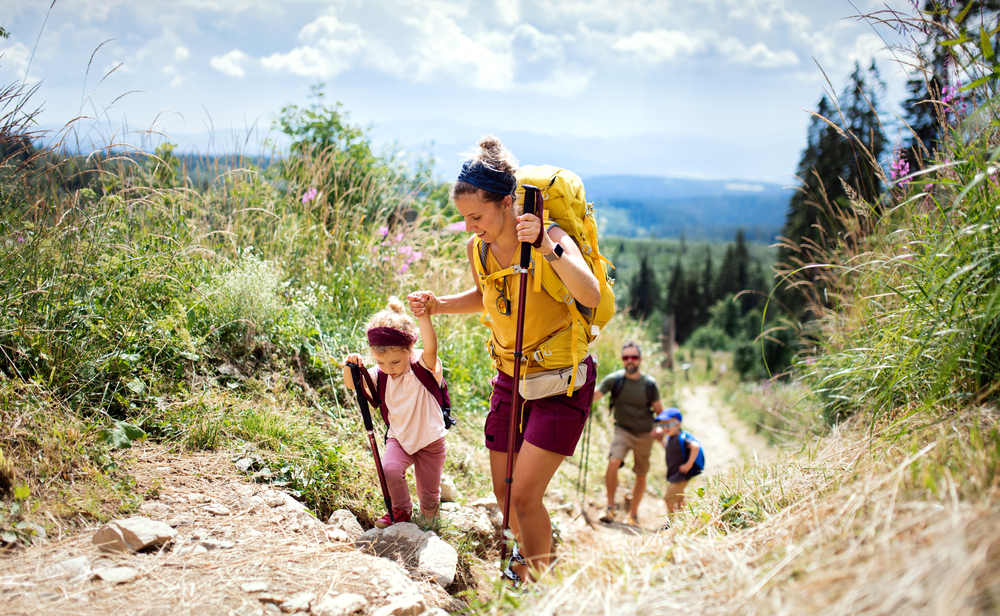 Family with small children hiking outdoors in summer nature, walking in High Tatras.
