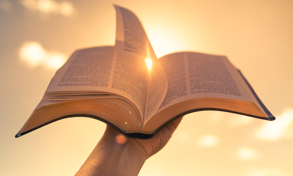 Hand holding bible book up to the sunny sky. Religious belief, faith and worship concept.
